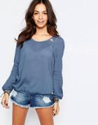 Esprit Relaxed Blouse With Cut Out Detail - Gray Blue