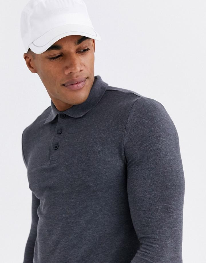 Asos Design Organic Muscle Fit Long Sleeve Jersey Polo In Charcoal Marl-gray