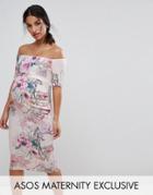 Asos Maternity Floral Off Shoulder Dress In Scuba - Pink