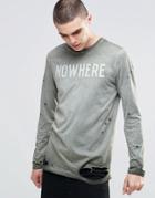 Asos Longline Long Sleeve T-shirt With United Print And Distressed Pigment Wash - Khaki