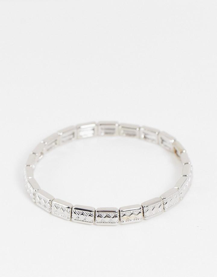 Asos Design Vintage Elasticated Chain Bracelet With Aztec Design In Silver Tone