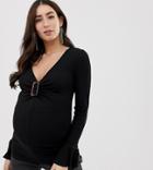 Asos Design Maternity Top With Buckle Front And Long Sleeve And Frill Sleeve-black