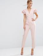 Asos Wrap Jumpsuit With Frill Sleeve - Pink