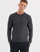 Moss London Cable Crew Neck Sweater In Charcoal-gray