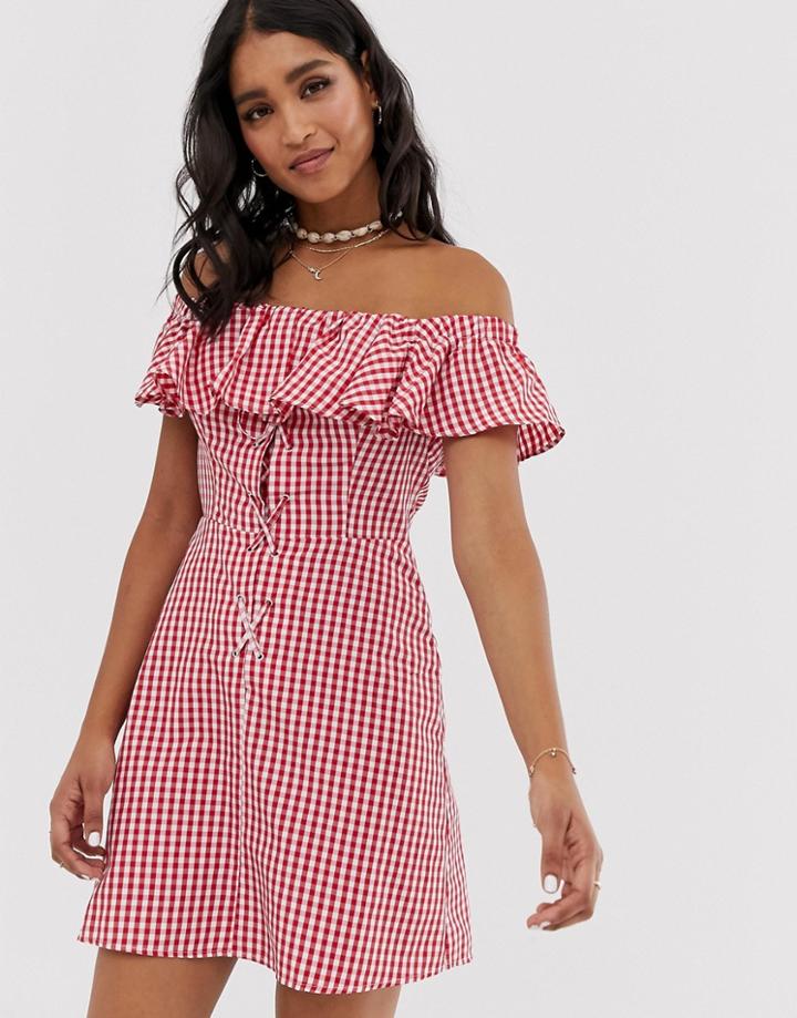 Asos Design Off Shoulder Mini Sundress With Frill In Gingham - Multi