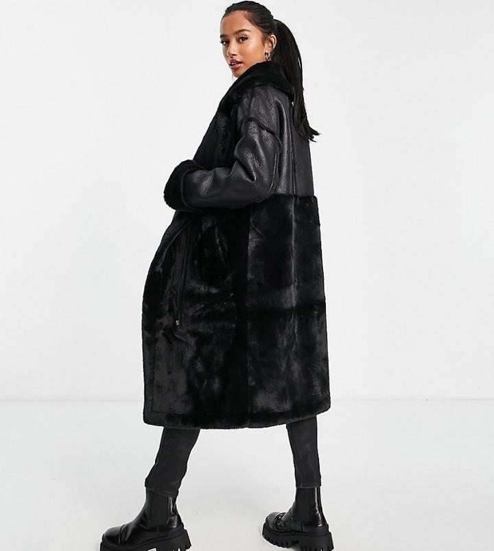 Vila Petite Longline Shearling Coat With Panel Detail In Black