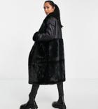 Vila Petite Longline Shearling Coat With Panel Detail In Black