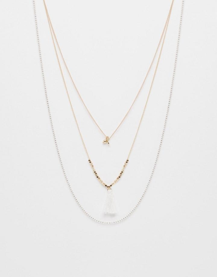 Orelia Three Row Necklace With Tassel - White