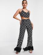 Asos Luxe Embellished Flare Pant With Faux Feather Hem In Black And Silver - Part Of A Set