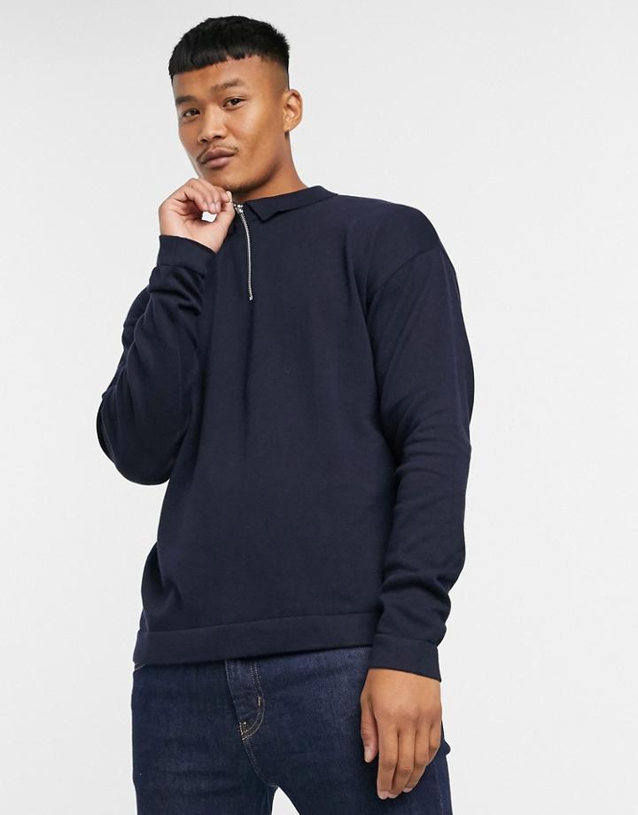 Jack & Jones Originals Zip Neck Knitted Long Sleeve Polo In Navy