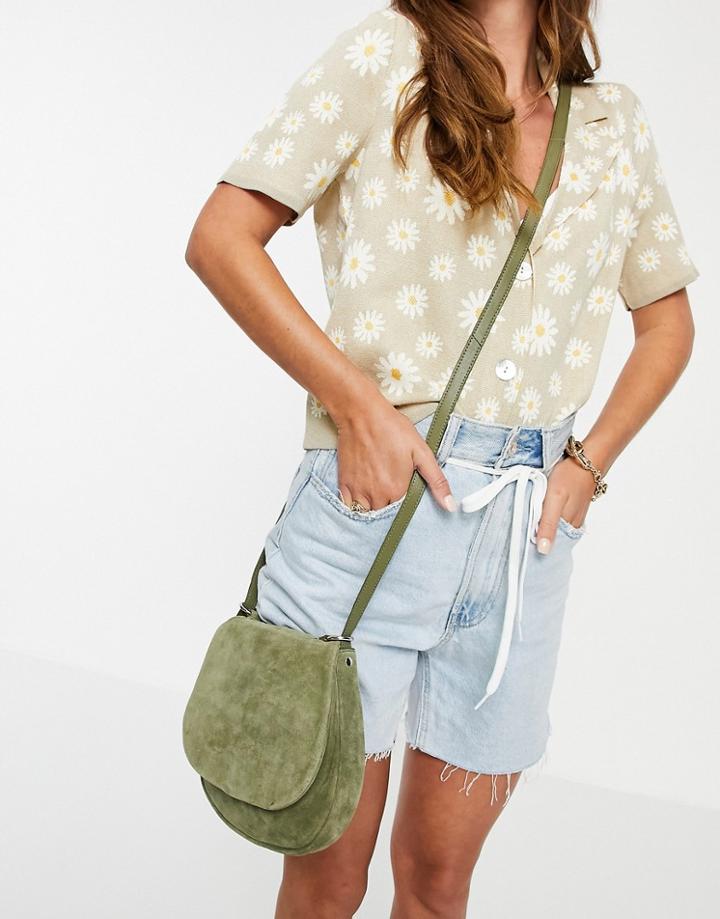 Urbancode Leather Suede Crossbody Bag In Khaki-green