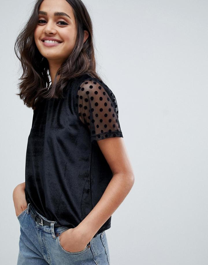 Asos Design Velvet Top With Dobby Sleeve - Black