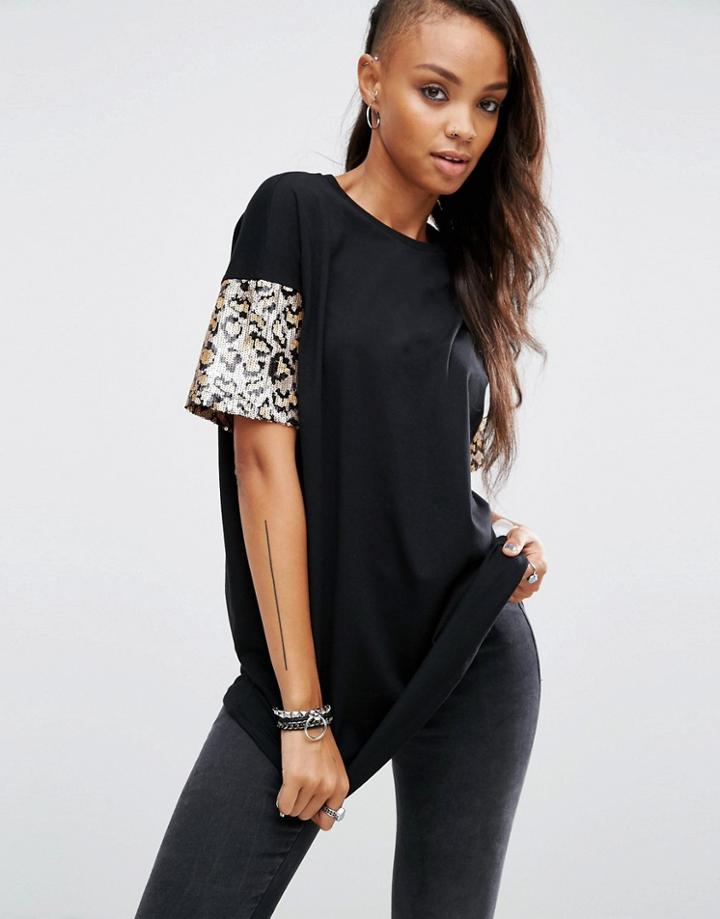 Asos T-shirt With Animal Sequin Sleeve - Black