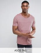 Asos Tall Neppy Jersey Longline Stripe T-shirt With Raw Edge Detail - Pink