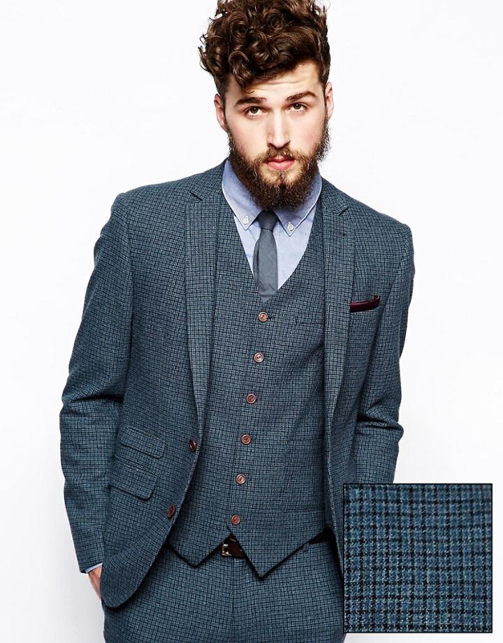 Asos Skinny Suit Jacket In Blue Dogstooth - Blue