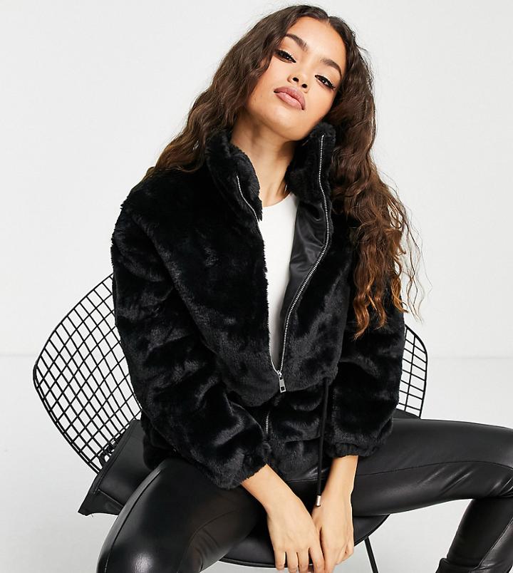 Influence Petite Faux Fur Jacket With Drawstring Waist In Black