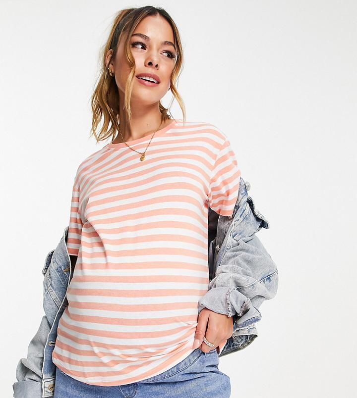 Asos Design Maternity Ultimate T-shirt In White And Orange Stripe-multi