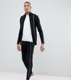 Asos Design Tall Tracksuit Muscle Track Jacket/super Skinny Joggers With Piping In Black - Black