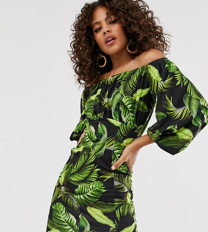Asos Design Tall Exclusive Bardot Palm Print Sundress - Multi