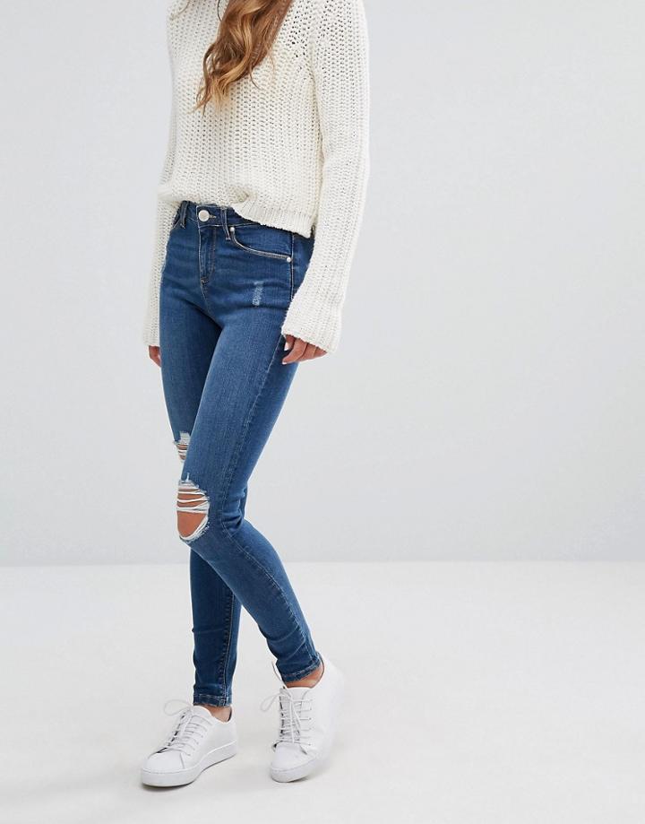 Miss Selfridge Mid Blue Busted Knee Jeans - Blue