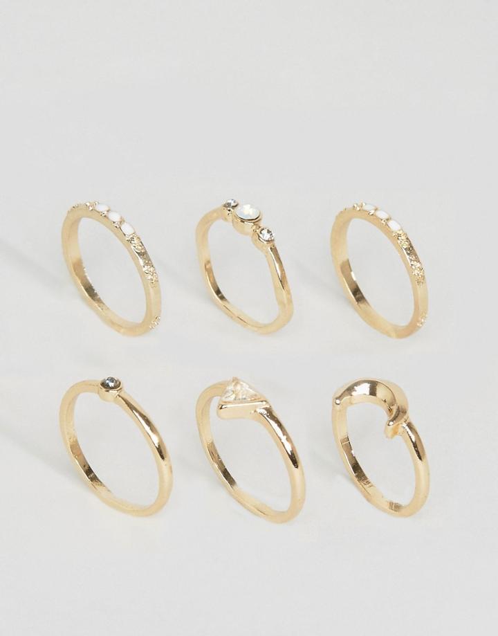 Asos Pack Of 6 Moon & Stone Rings - Gold