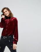 Asos Regular Fit Crushed Velvet Shirt In Burgundy - Red