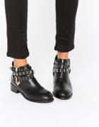 London Rebel Buckle Strap Ankle Boots - Black Pu