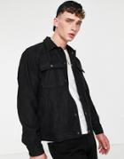 Pull & Bear Trucker Jacket In Black Faux Suede