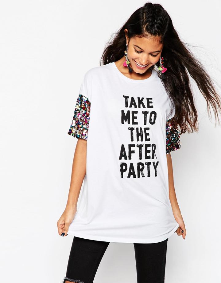 Asos T-shirt With Print And Rainbow Sequin Sleeve - White