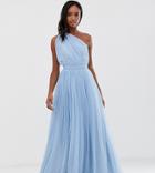 Asos Design Tall One Shoulder Tulle Maxi Dress-blue