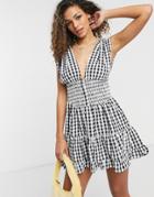 Asos Design Shirred Waist Button Front Tiered Mini Sundress In Crinkle In Gingham-multi