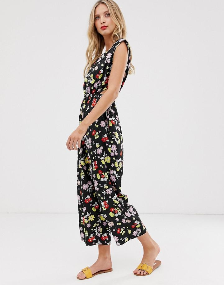 Asos Design Cut Out Side Jumpsuit In Satin Floral - Multi