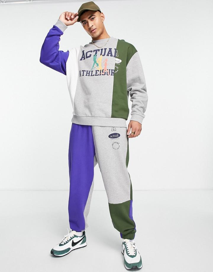 Asos Actual Relaxed Sweatpants With Logo Print And Cut And Sew Details In Gray Heather