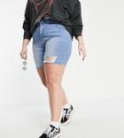 Urban Bliss Plus High Waisted Ripped Longline Short In Mid Wash-blues