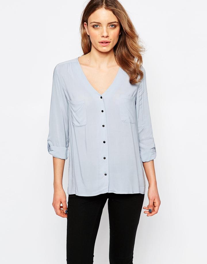 B.young Collarless Shirt - Chambray Blue