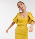 Asos Design Petite Wrap Front Mini Dress With Puff Sleeves In Mustard-yellow