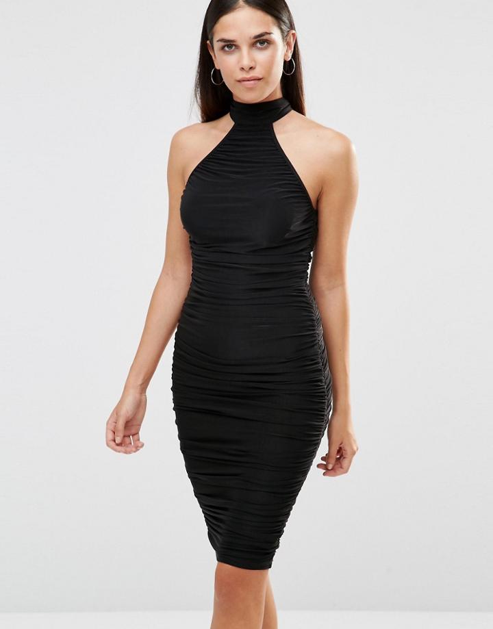 Ax Paris T Bar Bodycon Midi Dress In Slinky - Black