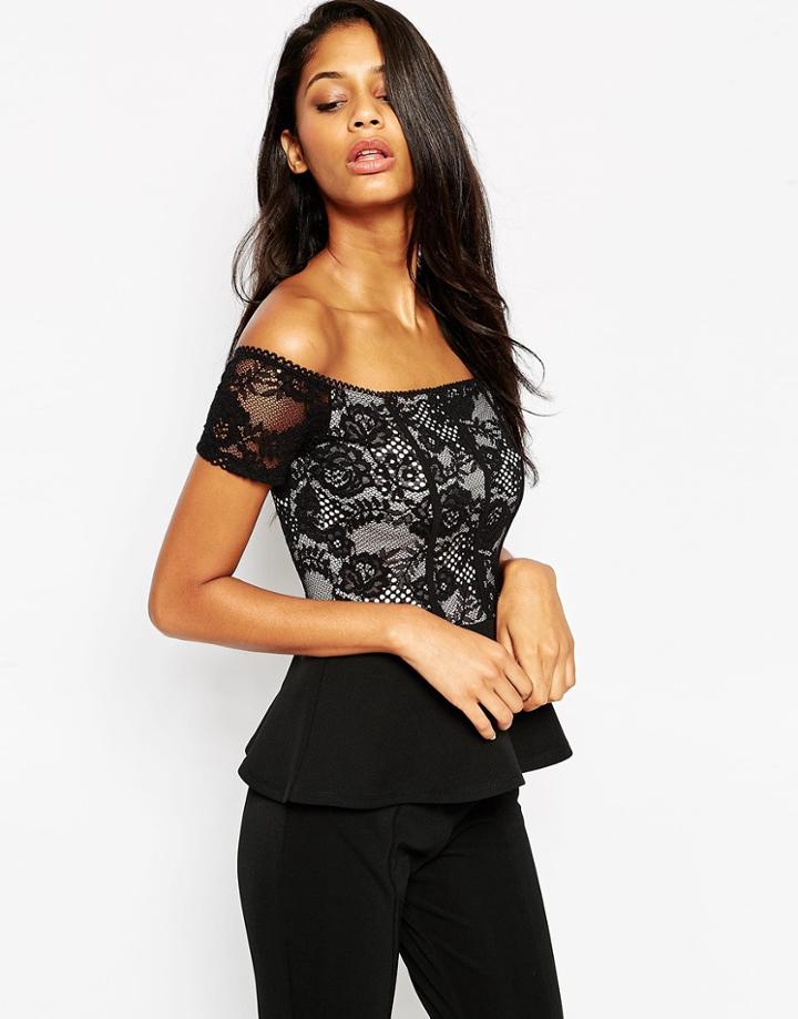 Asos Peplum Top In Lace With Seam Detail - Black