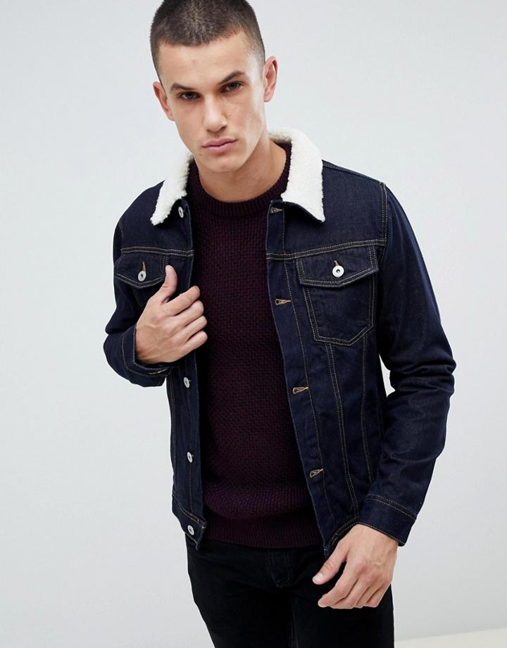 Burton Menswear Denim Jacket With Fleece Collar In Dark Blue Wash - Blue