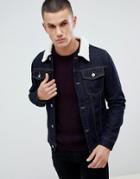Burton Menswear Denim Jacket With Fleece Collar In Dark Blue Wash - Blue