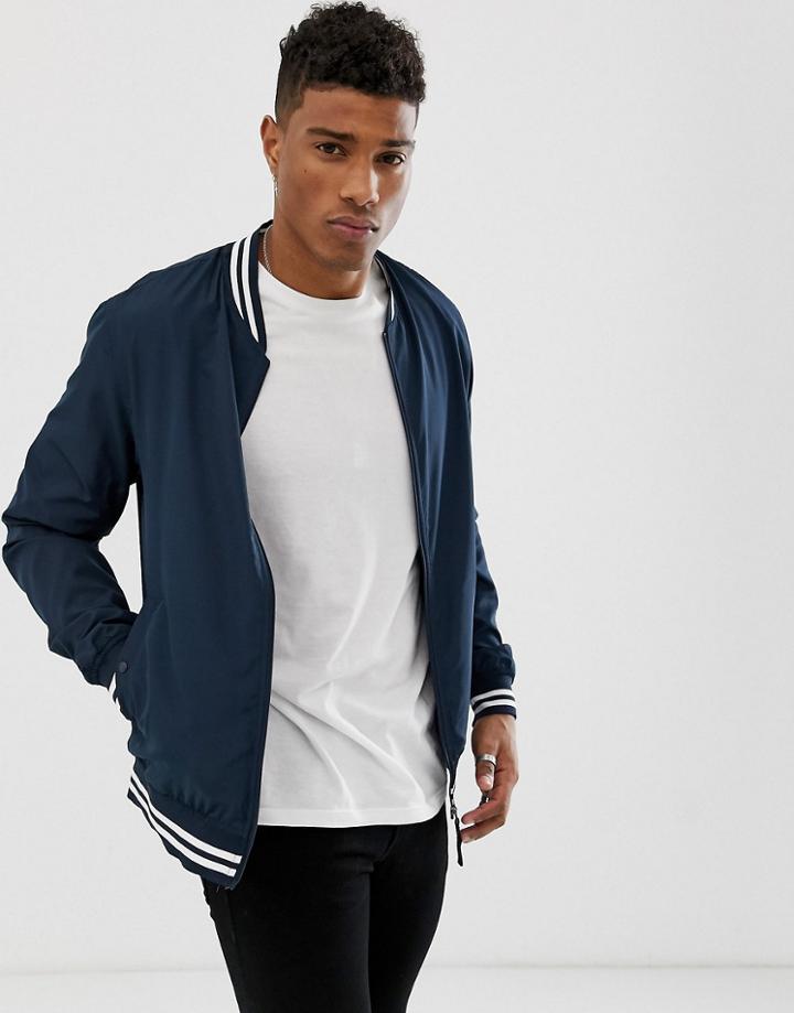 Jack & Jones Originals Lightweight Bomber Jacket With Cuff Stripe - Navy