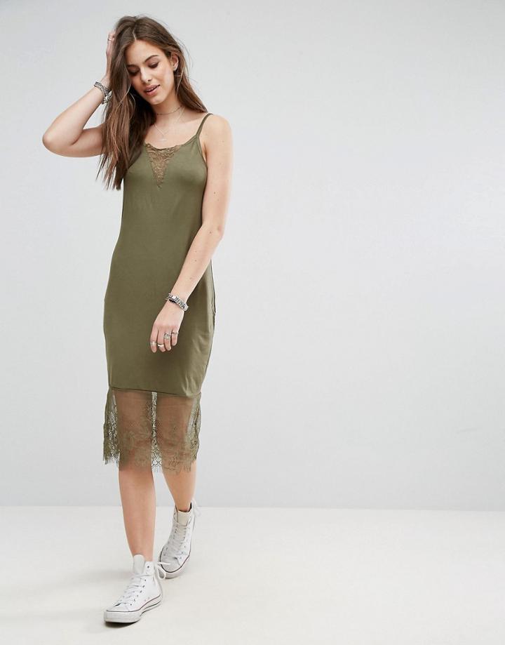 Noisy May Lana Lace Insert Cami Dress - Green