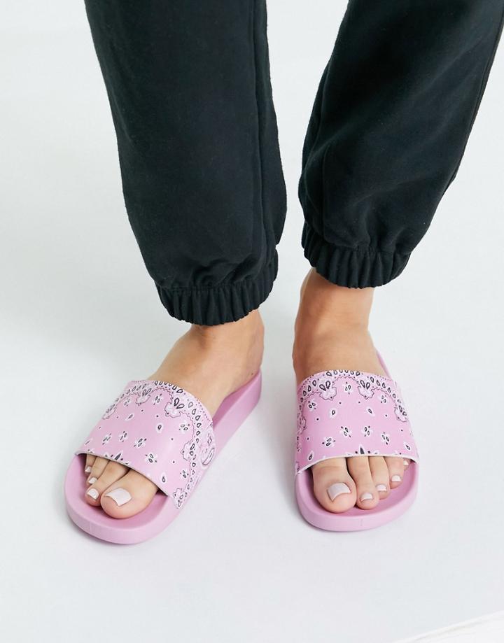 Asos Design Foiled Pool Slides In Pink Bandana