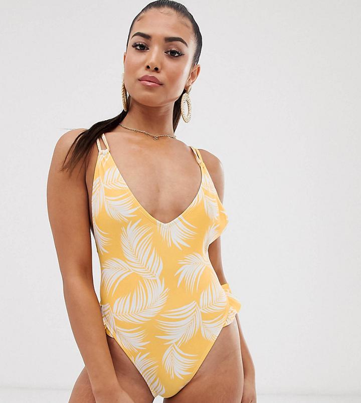 Asos Design Petite Frill Leg Strappy Back Swimsuit In Outline Yellow Palm - Multi