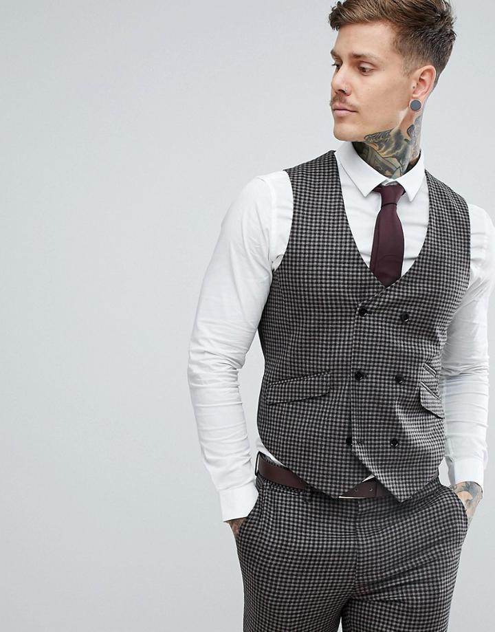 Asos Wedding Slim Suit Vest 100% Wool Houndstooth In Putty - Beige