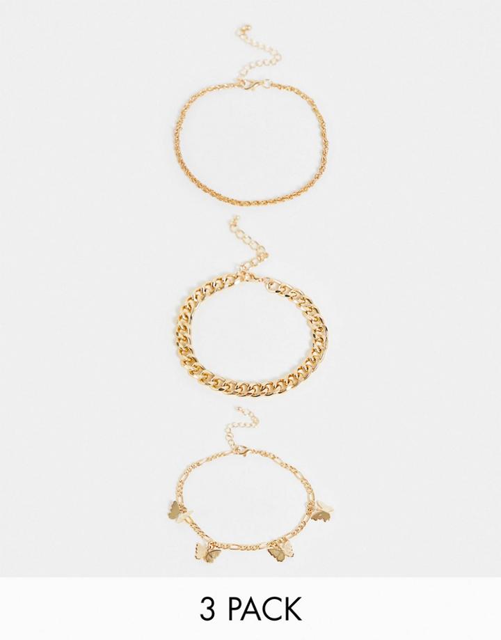 Ego 3 X Multipack Butterfly Chain Anklets In Gold