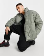 New Look Funnel Neck Puffer With Chevron Print In Khaki-green