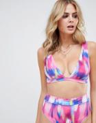 Asos Design Fuller Bust V Front Plunge Bikini Crop In Smudge Print Dd-g - Multi