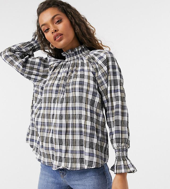 Asos Design Petite High Neck Textured Plaid Top With Shirred Neck-multi