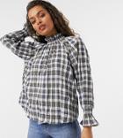 Asos Design Petite High Neck Textured Plaid Top With Shirred Neck-multi